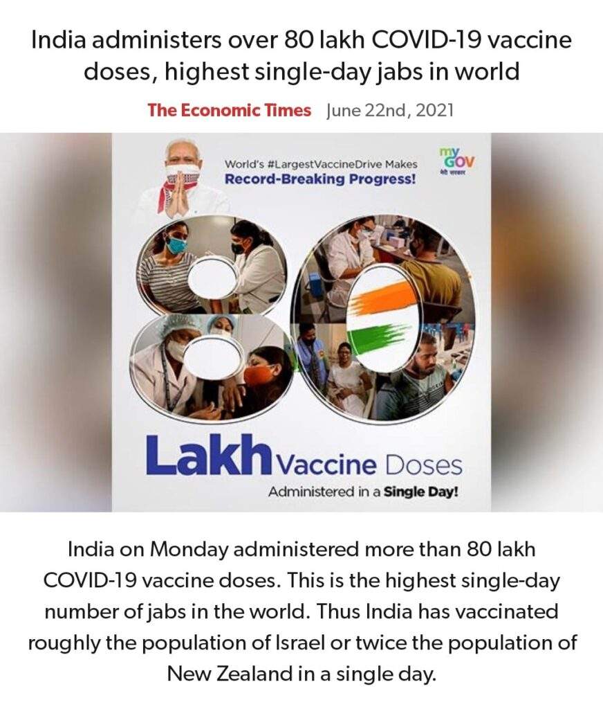 India Marks 80 Lakh Vaccination on first Day of Vaccination Programme By Centre